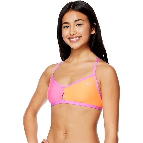 Speedo Women's Swimsuit Top Bikini Endurance Lite Tie Back Solid Medium Pink Glo - Picture 1 of 2